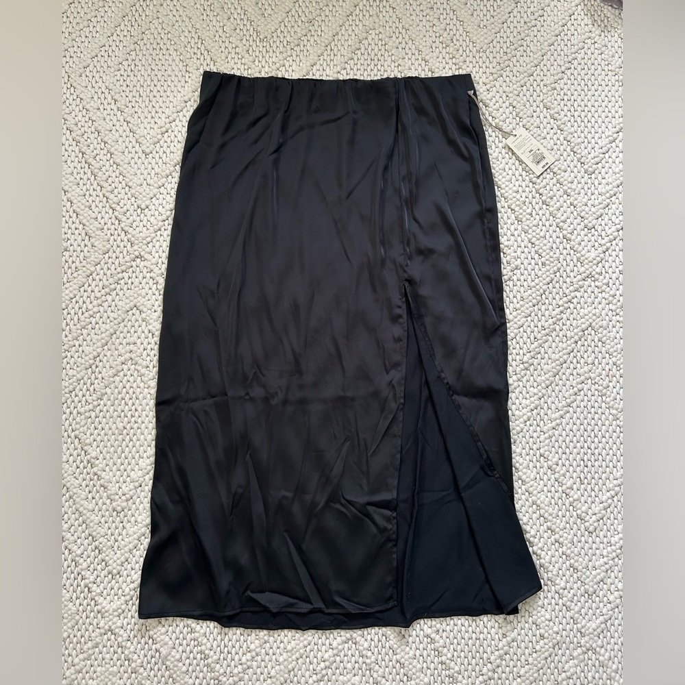 A New Day Black Satin Midi Skirt with Side Slit